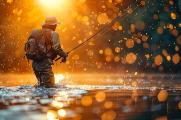 A tranquil scene of a person wading in water with a fishing rod at dawn, highlighted by the shimmering light reflections - obrazy, fototapety, plakaty