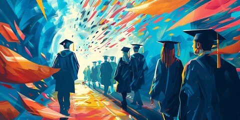 Digital painting of a group of graduating students. Education and school concept. - obrazy, fototapety, plakaty