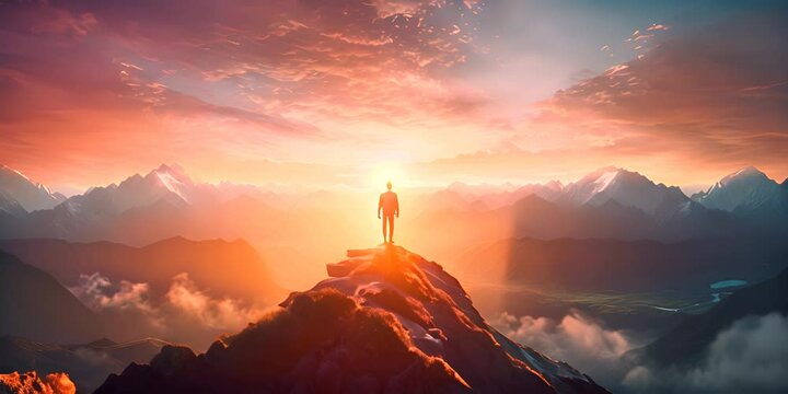 Inspirational image capturing a hiker's silhouette on a ridge, overlooking a dreamy sunset mountainscape 4K Video