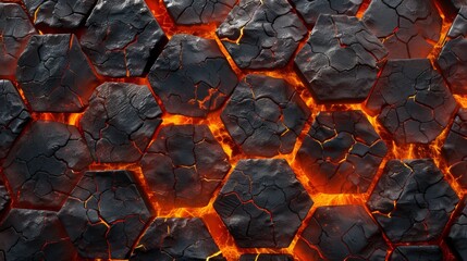 Close-up texture of cracked lava stones with visible hot lava, symbolizing natural power and geothermal activity. - obrazy, fototapety, plakaty