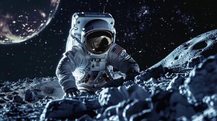 An astronaut crouching on a moon's surface with Earth in the backdrop, depicting space exploration and research.