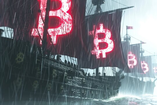 Digital Art Illustration of Pirate Ships with Bitcoin Logos on Sails in Stormy Seas, Symbolizing Cryptocurrency Ventures and Risks.
