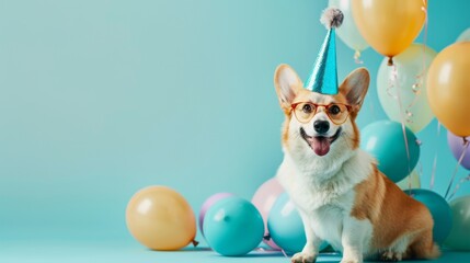Smiling Corgi wearing glasses and a party hat among balloons, left side empty for space, symbolizing a joyous celebration.