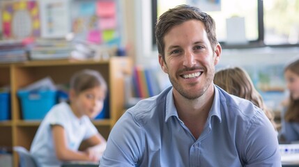 Portrait of smiling teacher sitting at desk in classroom at elementary school