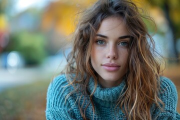 Young woman with curled hair and smiling expression, outdoors with fall colors