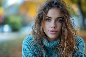 Naklejka premium Young woman with curled hair and smiling expression, outdoors with fall colors
