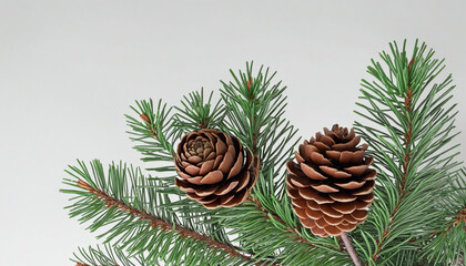 Pine tree branch and bright colors  cone isolated on white - obrazy, fototapety, plakaty