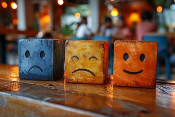Artistic depiction of painted wooden blocks with faces showing a range of emotions on a café table