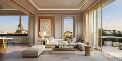 Fototapeta na wymiar modern elegant interior of a luxury apartment in Paris, with moldings, parquet flooring and an impressive view of Le Bon Marché from large windows