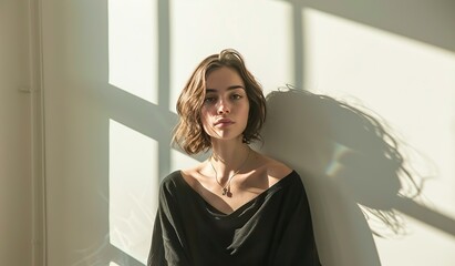 Serene young woman in sunlight with shadow patterns