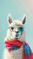 alpaca wearing pink glasses and wrapped in a scarf. vibrant blue color background