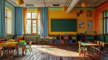 Interior of a kindergarten classroom with colorful children's toys and chairs - obrazy, fototapety, plakaty