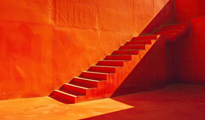 Vibrant red staircase with contrasting shadows in abstract architecture - Powered by Adobe