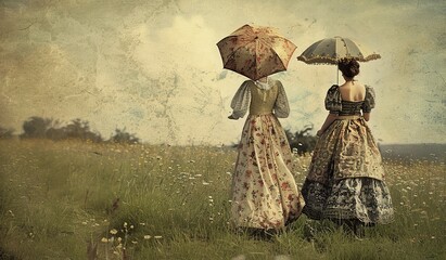 Vintage portrait of two women with umbrellas in a flower field