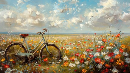 A classic oil painting depicting a bicycle abandoned in a field of wildflowers, its presence hinting at a moment of tranquility and escape.