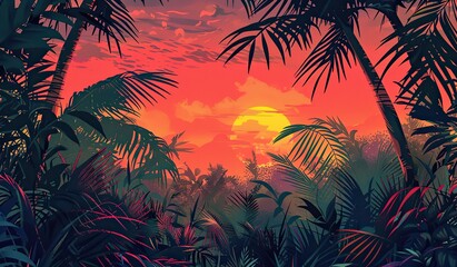 Fototapeta na wymiar Vibrant tropical sunset with silhouetted palm trees and mountain backdrop