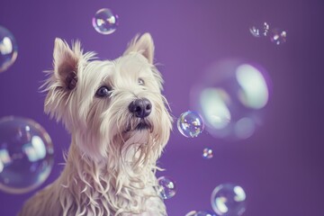 Groomed Westie on purple background with soap bubbles Text space - Powered by Adobe