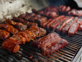 A grill is full of meat, including ribs, chicken, and hot dogs