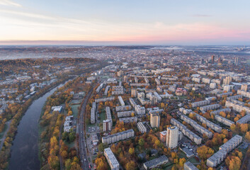 Zirmunai District in Vilnius City, Lithuania. Autumn Leaves Color. Morning Golden Hour Light. - obrazy, fototapety, plakaty