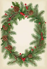 Fototapeta na wymiar christmas wreath made of holly bright colors and pinecones vintage illustration isolated on a transparent background, 