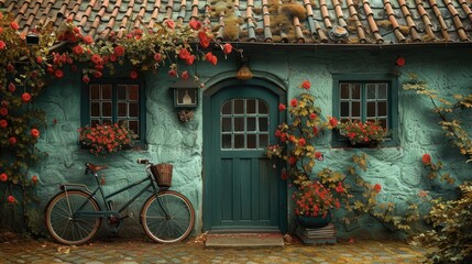 Fototapeta na wymiar A bicycle parked beside a quaint cottage, its frame adorned with climbing vines and blooming flowers, blending seamlessly with the rustic charm of the setting.
