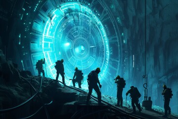 Futuristic Explorers Discovering an Ancient Alien Portal, Illustrating the Concept of Science Fiction Adventure.