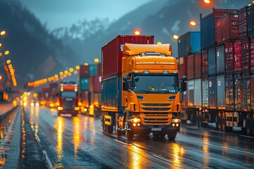 A vibrant image capturing an orange cargo truck in motion on a rainy night filled with shipping containers - obrazy, fototapety, plakaty