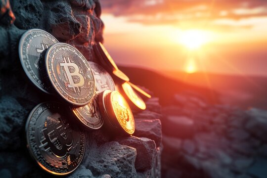Bitcoin Cryptocurrency Coins on Rocky Surface at Sunset, Representing Investment Growth and Financial Concepts.