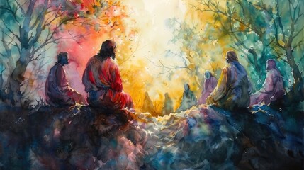 heartwarming watercolor portrayal of Jesus Christ performing a miracle, healing the sick or raising the dead, with a sense of divine power and love. - obrazy, fototapety, plakaty