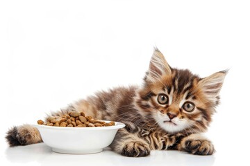 Kitten and dry food in bowl on white background