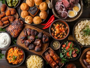 A table full of food with a variety of dishes including meat, vegetables, and bread. The table is set for a large gathering or party - obrazy, fototapety, plakaty