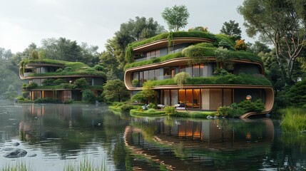 Obraz premium Luxurious Eco-Friendly Homes Reflecting on Serene Pond Waters