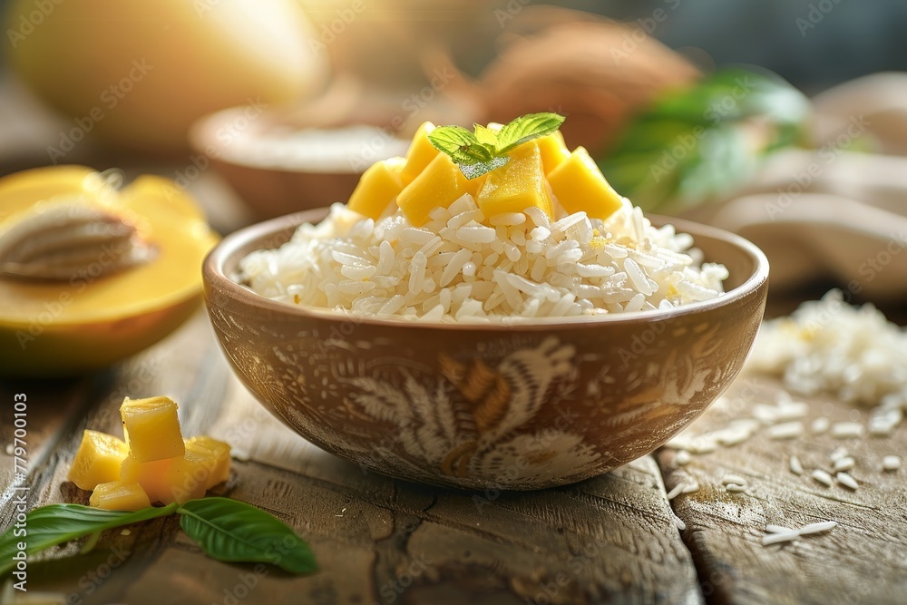 Sticker mango sticky rice dessert with coconut milk