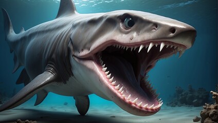 A large gray shark with sharp teeth patrols the blue ocean depths Generative AI