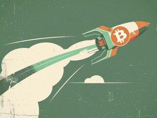 Retro-Futuristic Rocket Illustration Featuring the Bitcoin Symbol, Concept of Cryptocurrency Growth and Popularization.