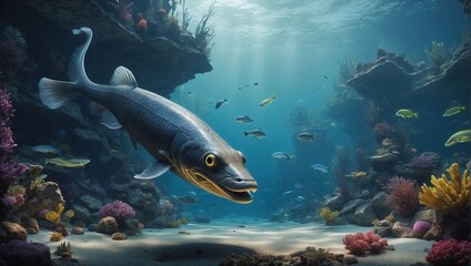Bright blue fish swim freely in a coral reef, while others live in the calm water of an aquarium. Generative AI