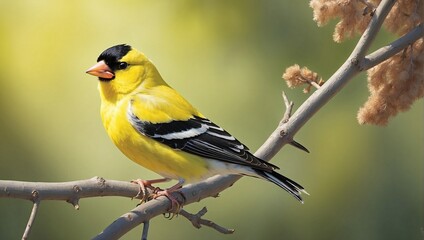 A small yellow bird, a yellow wagtail, perches on a branch Generative AI