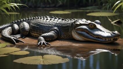A fearsome alligator, a top predator in the swampy Everglades, lurks with sharp teeth just below the water's surface Generative AI