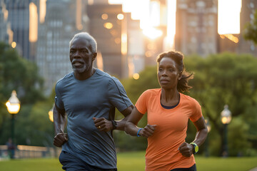 African American couple of runners running together in Central Park