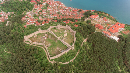 Walls of the fortress, View of Ohrid old town dominated by Samuel's fortress, North Macedonia