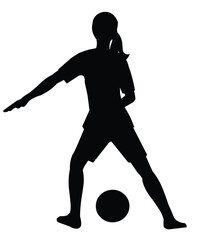 Teenager girl silhouette of a women's football player stands with her back and catches the ball