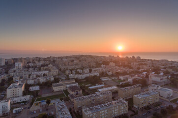 Panoramic Aerial View of Acco, Acre, Akko old city with crusader palace, city walls, arab market,...