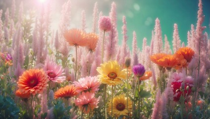 Fototapeta na wymiar Sunlit field of wildflowers giving off a dreamy atmosphere with a soft focus and ethereal glow in the background