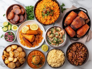A table full of food with a variety of dishes including rice, beans, and vegetables. The table is set for a large gathering or party - obrazy, fototapety, plakaty