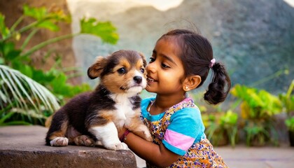 An indian girl playing with a puppy.
