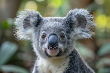 Detailed close-up of a Koala sitting among leaves, showcasing its fluffy ears and unique nose