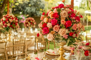Obraz premium Elegant Floral Arrangements at a Sophisticated Outdoor Wedding Reception Venue with Gold Chairs