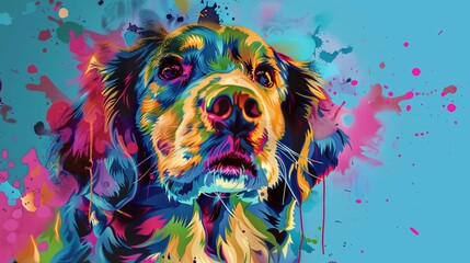 A A pop art portrait of a dog with an explosion of vibrant colors and paint drips on a blue...