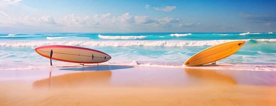 Surf surfing sport seascape summer vacation holiday waves travel sea background panorama - Two colorful surfboards on the sand beach, coastline 4K Video