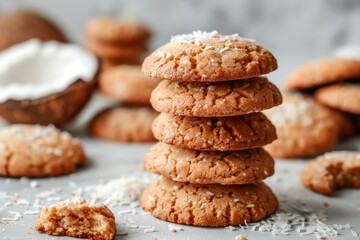 Pile of homemade coconut vegan cookies on a light background Featuring healthy vegan food